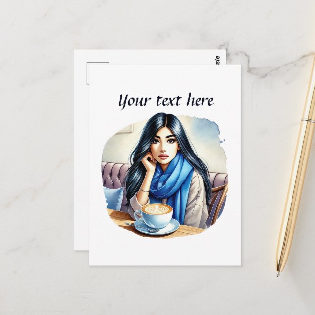 Cartão Postal Dama de café bonita adicione texto (Frente/Verso In Situ)