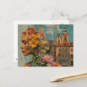 Cartão Postal Dama de Dupla Exposição com Flores e Edifícios
