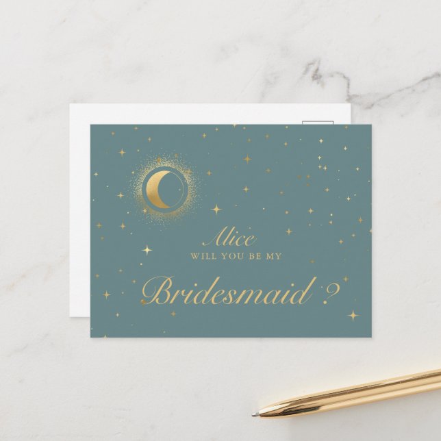 Cartão Postal Dama de Honra Lua Crescente Celestial Pastel (Frente/Verso In Situ)
