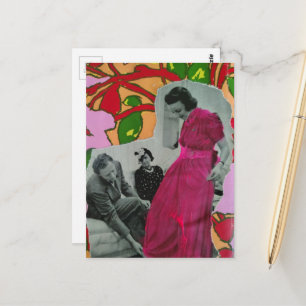 Cartão Postal Dama de Pijama Rosa Quente Colagem Mista Ano 1939