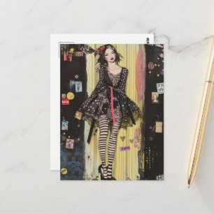 Cartão Postal Dama em Colagem de Moda Preta e Branca