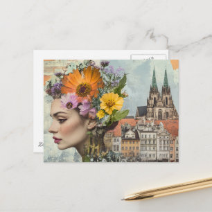 Cartão Postal Dama em uma Colagem de Cidade Flores Edifícios