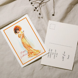 Cartão Postal Dama em vestido amarelo, Feliz Aniversário