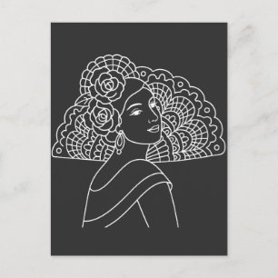 Cartão Postal Dama Espanhola Flamenca Com Leque Arte Tinta Desen