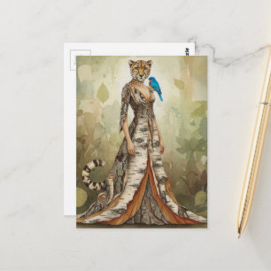 Cartão Postal Dama Guepardo Surrealista em Moda de Vestido de Ca