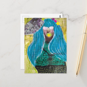 Cartão Postal Dama Única Com Colagem de Mídia Mista de Cabelo Az