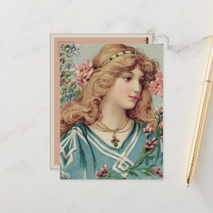 Cartão Postal Dama Vitoriana c/ Flores Rosa e Azul no Cabelo