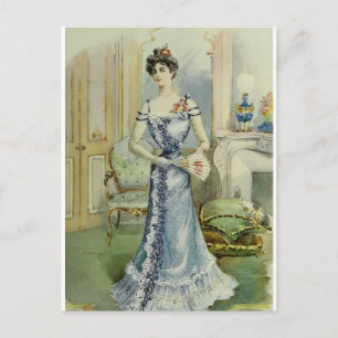 Cartão Postal Dama Vitoriana–Moda Francesa Vintage – Vestido Azu