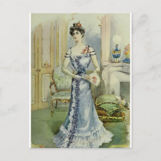 Cartão Postal Dama Vitoriana–Moda Francesa Vintage – Vestido Azu