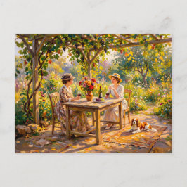 Cartão Postal Damas Compartilhando Vinho Sob a Pergola do Jardim