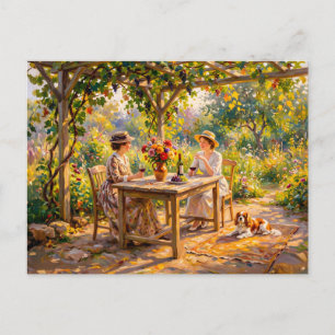 Cartão Postal Damas Compartilhando Vinho Sob a Pergola do Jardim