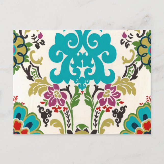 Cartão Postal Damask Floral Patternos Plum Turquoise (Frente)