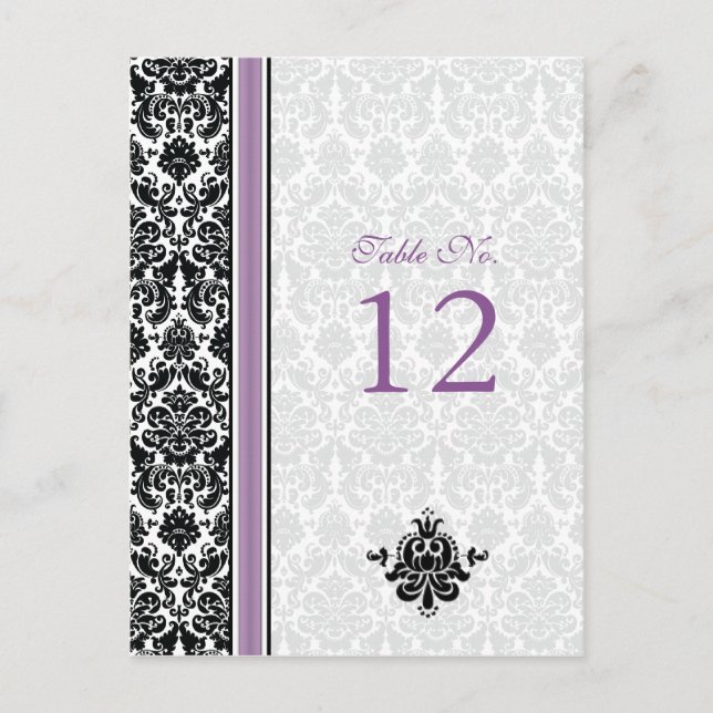 Cartão Postal Damask Purple, Black, White Wedte Table Number (Frente)
