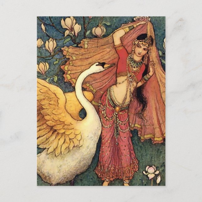 Cartão Postal "Damayanti and the Swan", por Warwick Goble (Frente)