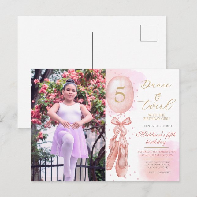 Cartão Postal Dança e Gira Rosa Menina Foto Personalizada Aniver (Frente/Verso)