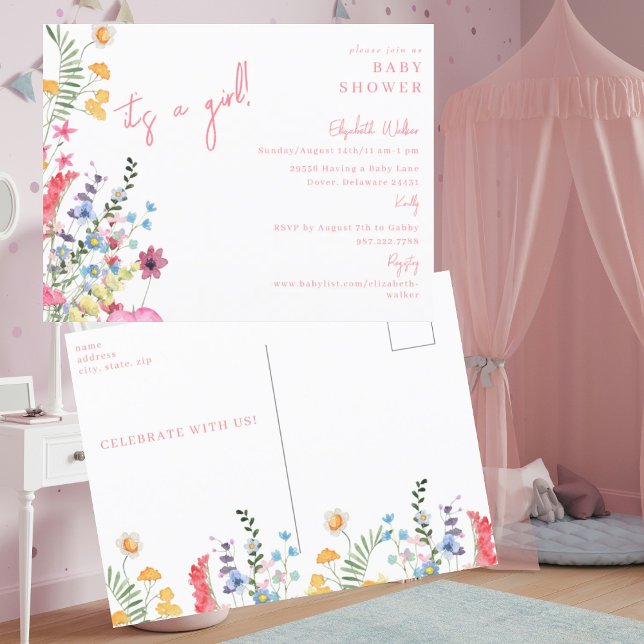 Cartão Postal Dançando flores silvestres Rosa É um Chá de fralda (Criador carregado)
