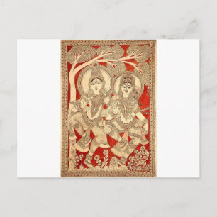 CARTÃO POSTAL DANÇANDO RADHA KRISHNA KALAMKARI ARTE DA ÍNDIA