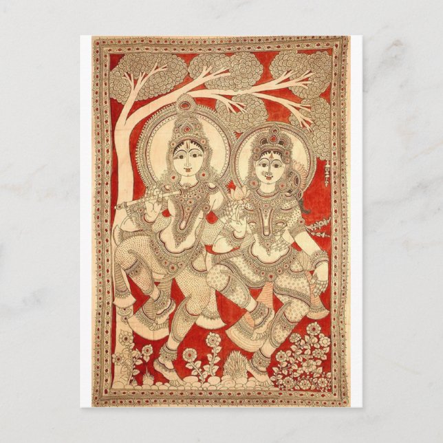 CARTÃO POSTAL DANÇANDO RADHA KRISHNA KALAMKARI ARTE DA ÍNDIA (Frente)
