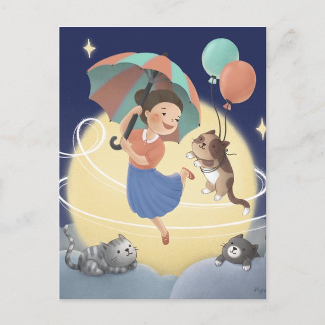 Cartão Postal Dançar com Gatos na Noite de Lua (Frente)