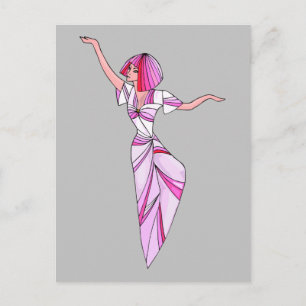 Cartão Postal Dançarina rosa-escura com cabelo cor-de-rosa