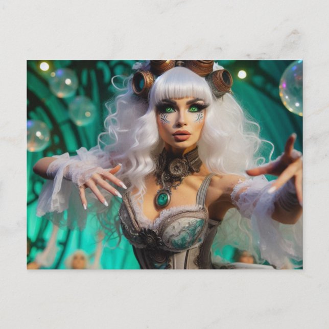 Cartão Postal Dançarino Verde Futurístico Vitoriano Steampunk (Frente)