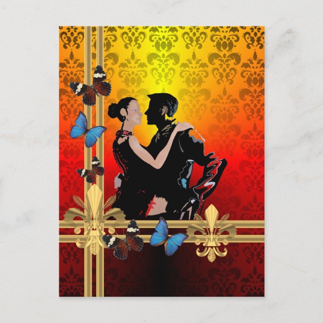 Cartão Postal Dançarinos românticos do tango em damask (Frente)