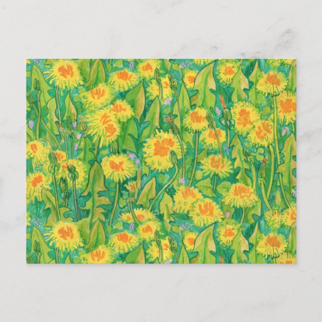 Cartão Postal Dandelion Bloom Summer Flowers Floral Verde Amarel (Frente)
