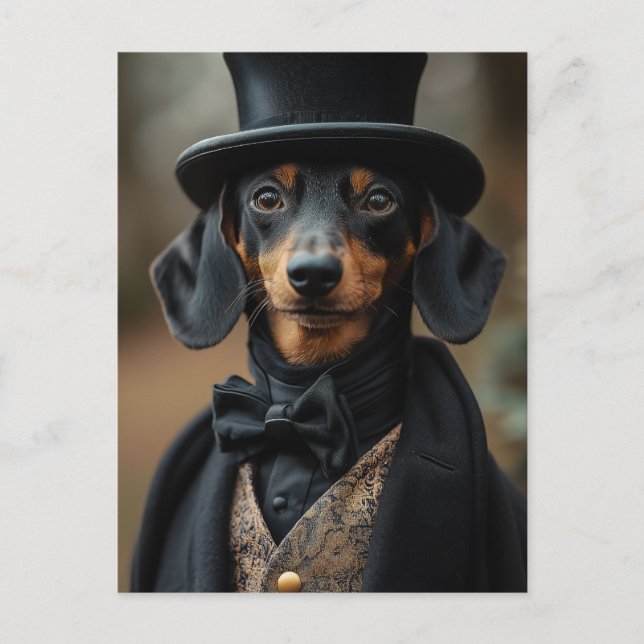 Cartão Postal Dapper Dachshund no Ataque Victoriano Elegante (Frente)
