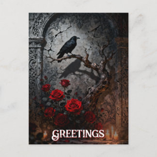 Cartão Postal Dark Gothic Raven and Roses Mural Birthday