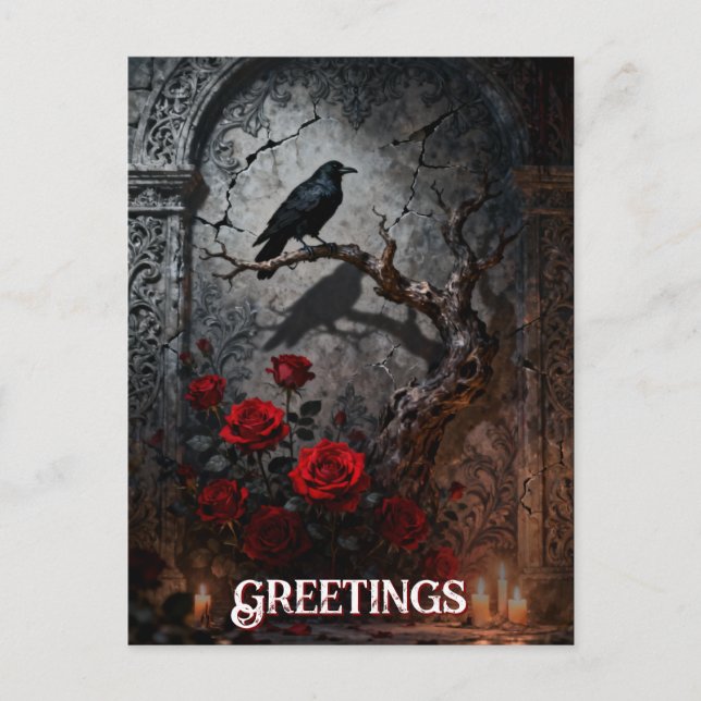Cartão Postal Dark Gothic Raven and Roses Mural Birthday (Frente)