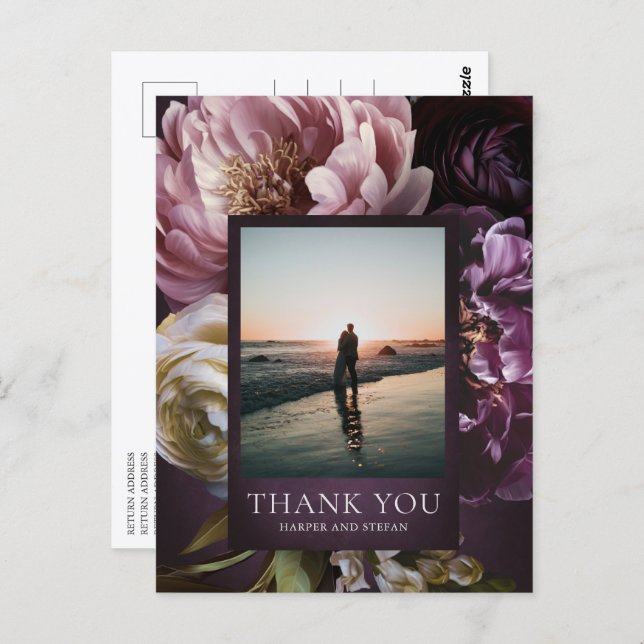 Cartão Postal Dark Purple Fine Art Floral Wedding Thank You (Frente/Verso)