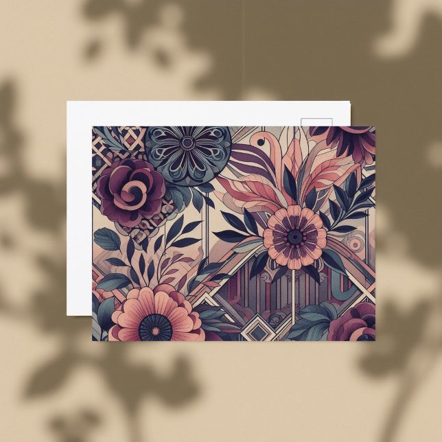 Cartão Postal Dark Romance Burgundy Art Deco Floral Summer (Criador carregado)