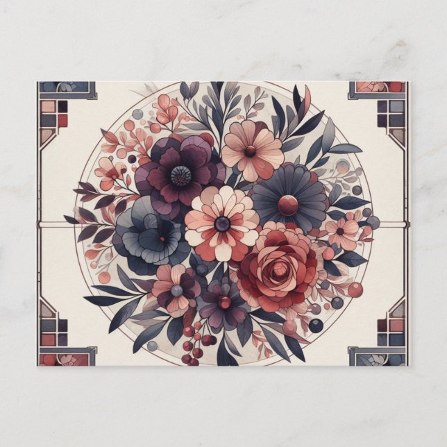 Cartão Postal Dark Romance Burgundy Art Deco Floral Summer (Frente)