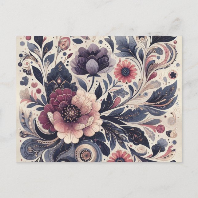 Cartão Postal Dark Romance Burgundy Art Deco Floral Summer (Frente)
