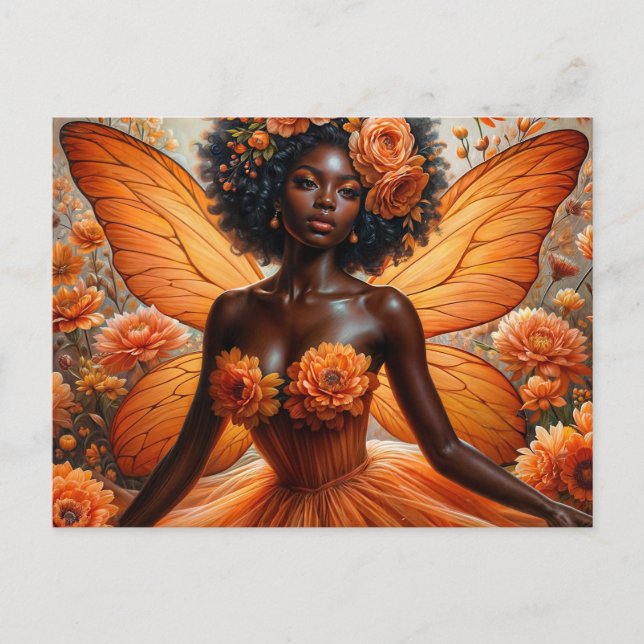 Cartão Postal Dark-Skinned Fairy With Afro - Orange Floral (Frente)