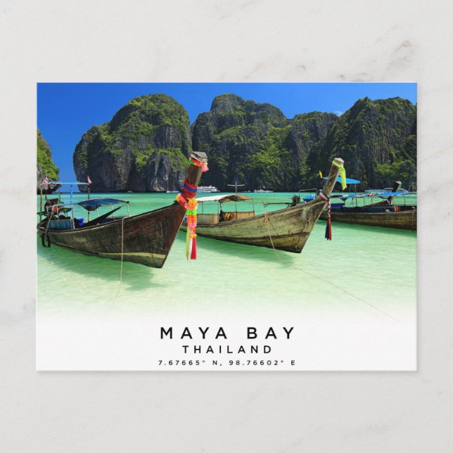 Cartão postal das coordenadas Maya Bay Thailand (Frente)