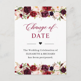 Cartão Postal Data do Casamento Adiada Floral Bege e Vermelho Bo