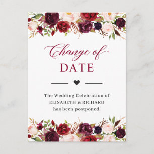 Cartão Postal Data do Casamento Adiada Floral Bege Vermelho Borg