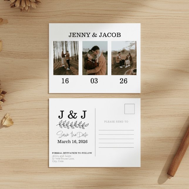 Cartão Postal Datas de Colagem de Fotos Simples Salvar a Data (Simple Photo Collage dates Save the Date Postcard.)