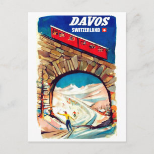 Cartão Postal Davos, carro vermelho na ponte, Suiça