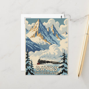 Cartão Postal Davos Suiça do trem de Viagem Art Vintage