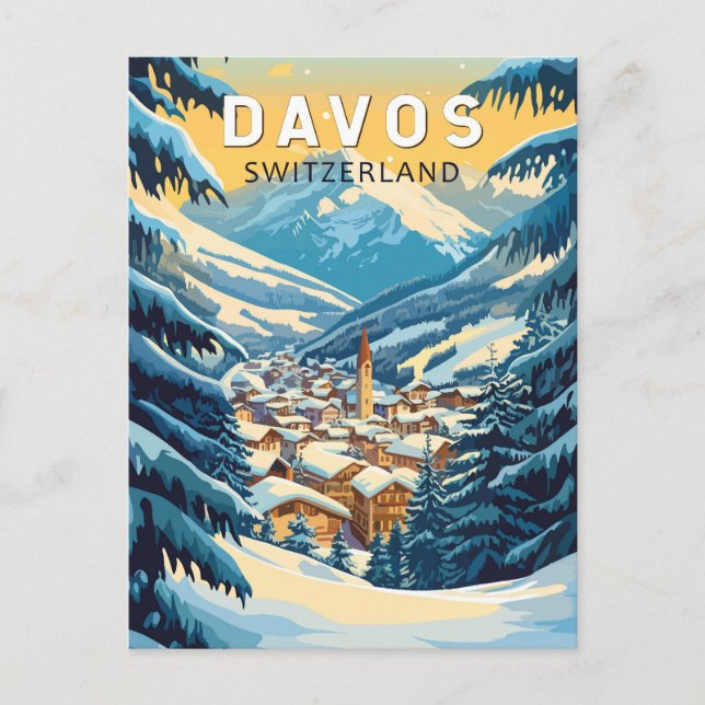Cartão Postal Davos Suíça Viagem Arte Vintage (Frente)