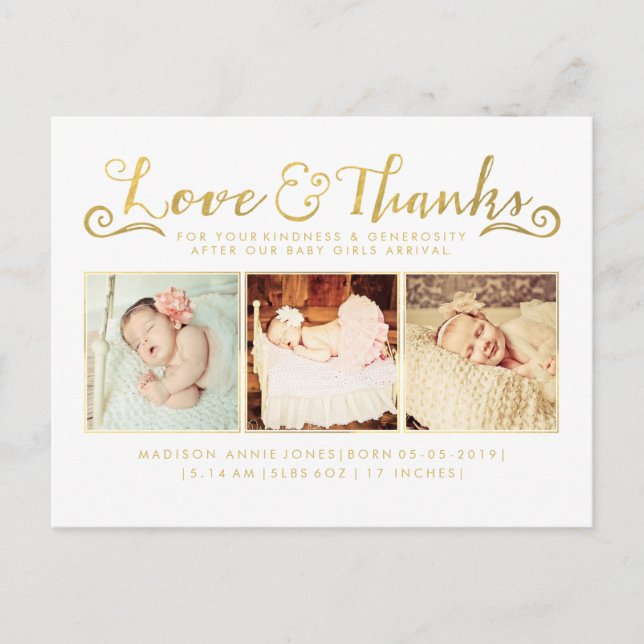Cartão Postal de Agradecimento Bebê em Folha de Ou (Frente)