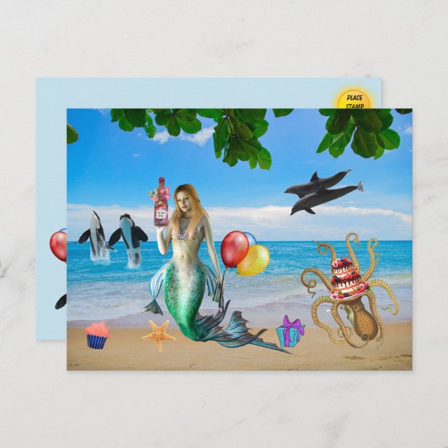 Cartão postal de aniversário da Sereia Divertida n (Frente/Verso)
