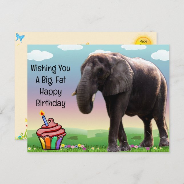 Cartão postal de aniversário de elefante divertido (Frente/Verso)