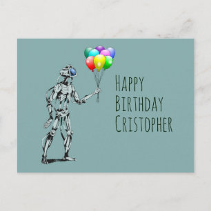 Cartão postal de aniversário de robô com balões