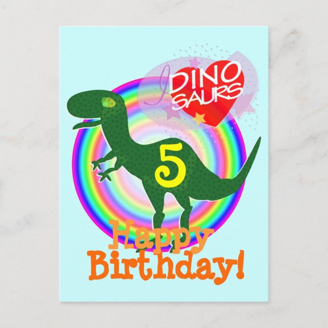 Cartão postal de aniversário feliz de 5 anos T-Rex (Frente)
