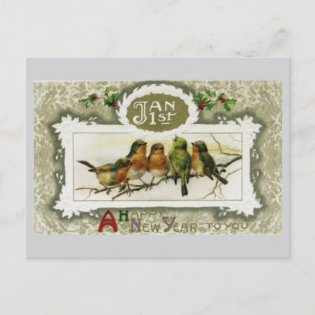 Cartão postal de Ano Novo para Aves Vintage (Frente)