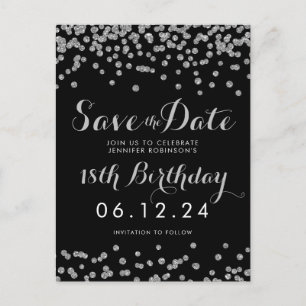 Cartão Postal De Anúncio 18º aniversário do Silver Save Date Confetti Black