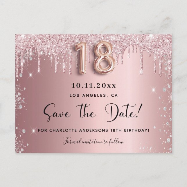 Cartão Postal De Anúncio 18º aniversário rosa bege prata save the date (Frente)